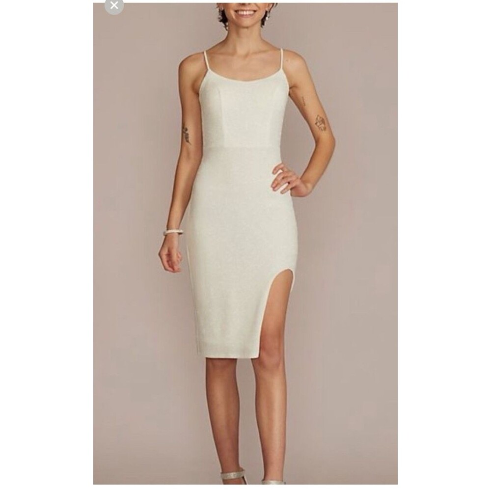 Davids Bridal Dress Size 15 White Silver Glitter Slit Open Back